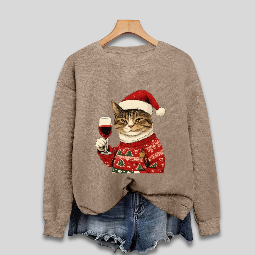Frauen hässlicher Weihnachtspullover, lustiger Katzen-Santa-Pullover