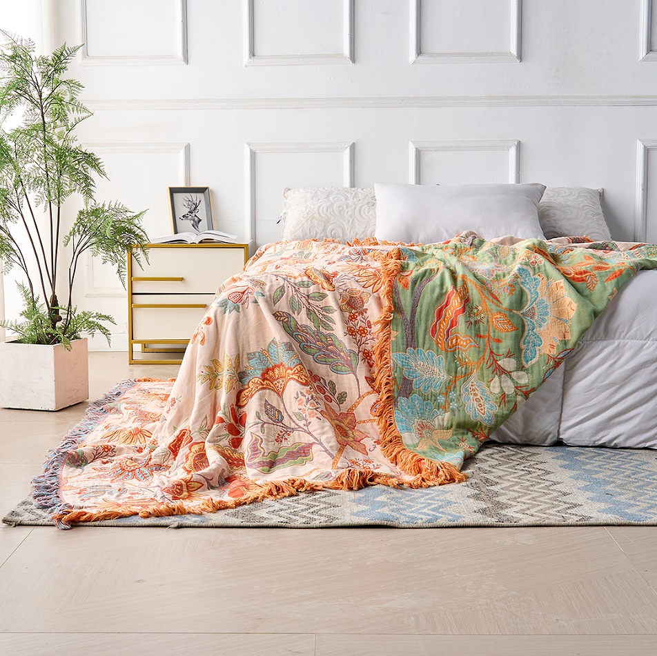 Rustikale Florale Boho-Decke | 100% Baumwoll-Blumen-Decke