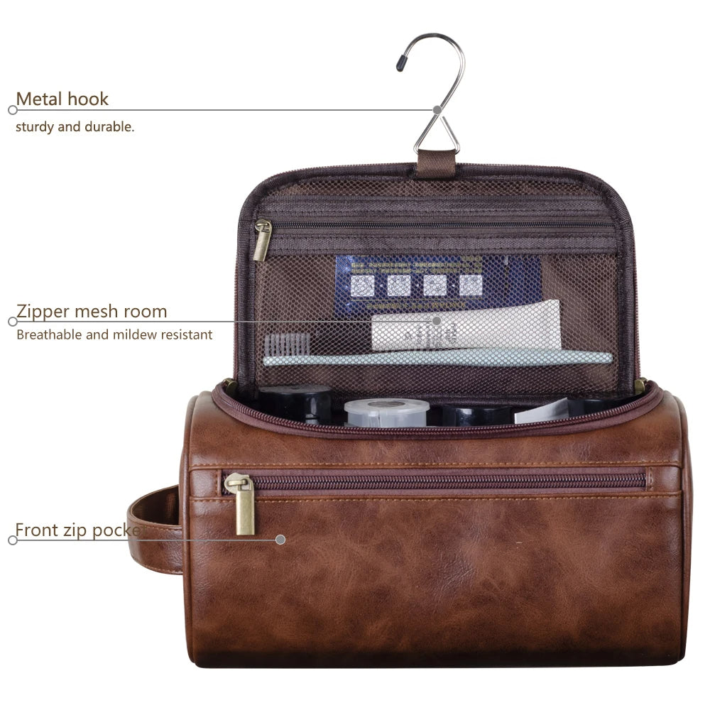 Qualitativ Leder-Kulturbeutel | Dreilagiges Wasserabweisendes Design | Integrierter Metallhaken zum Aufhängen | 25x13x13 cm | Kompakter Travel-Organizer mit Schnellzugriffsfach