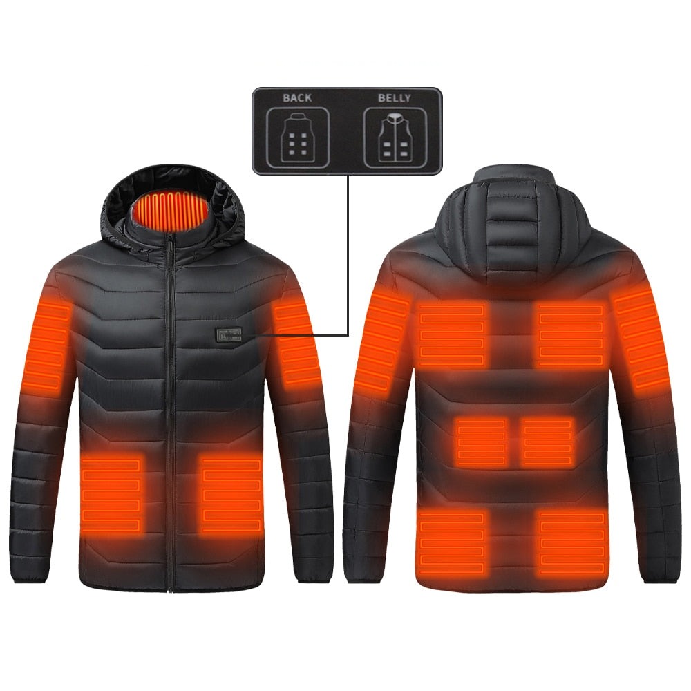 Schwarze USB Heizjacke mit Kapuze, 9-21 beheizbare Bereiche