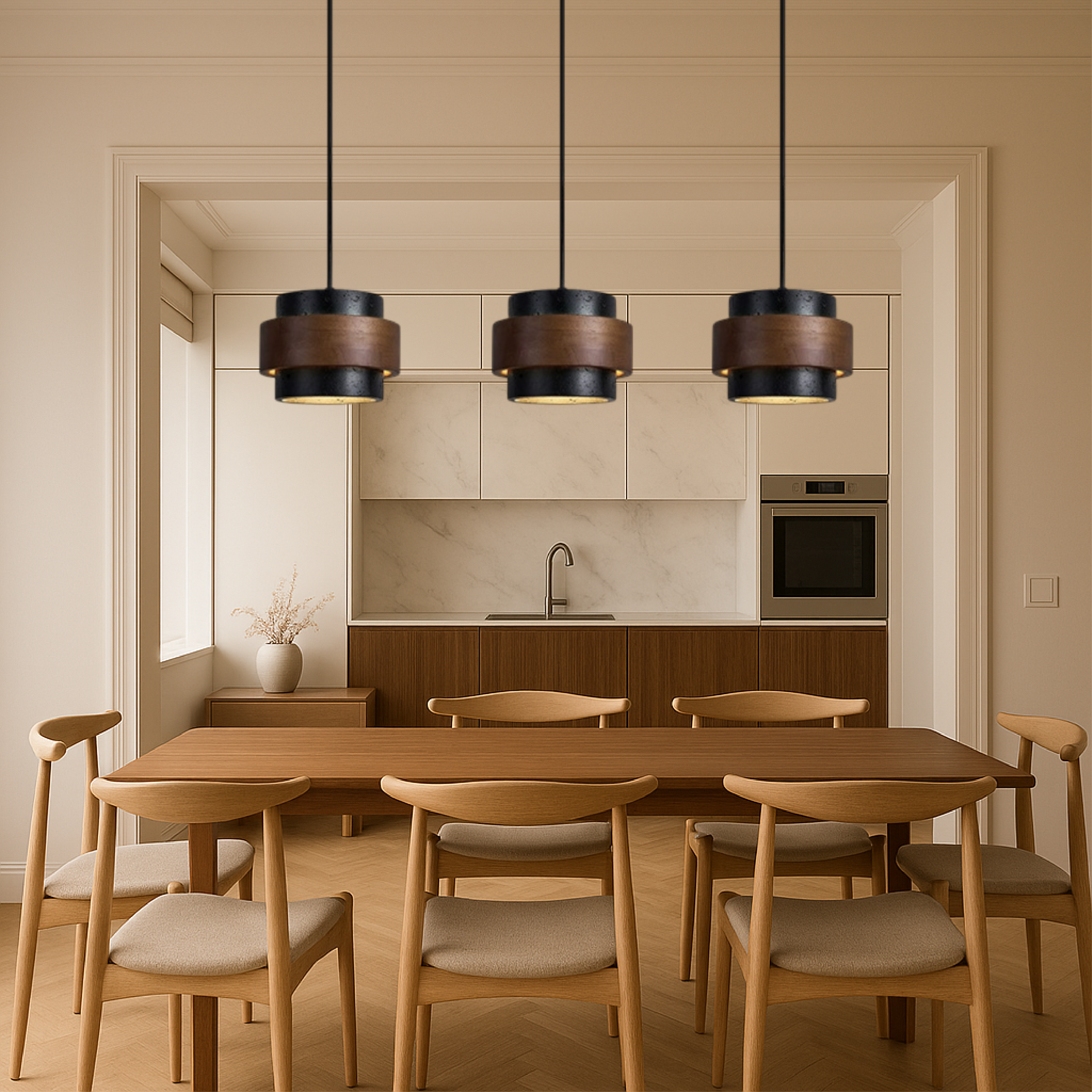 3-Kopf Schwarze Travertin Pendelleuchte