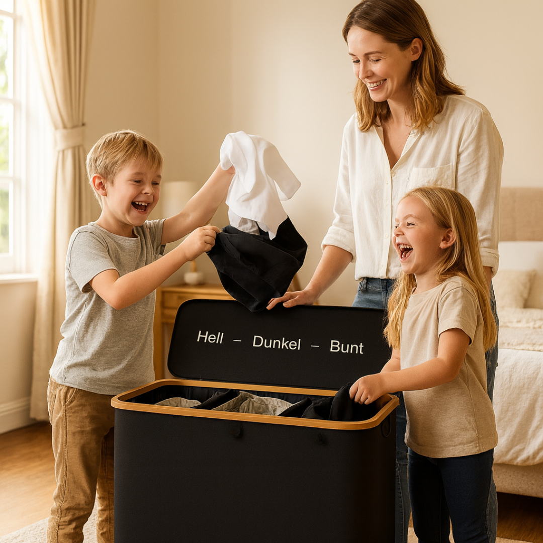 Wäschekorb mit Deckel | Wäsche Sammler mit 3 Fächern in Schwarz, Beige & Grau | LaundryBox